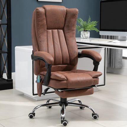 Microfibre Reclining Office Chair with Massage, Heat, Footrest & Adjustable Height - Brown