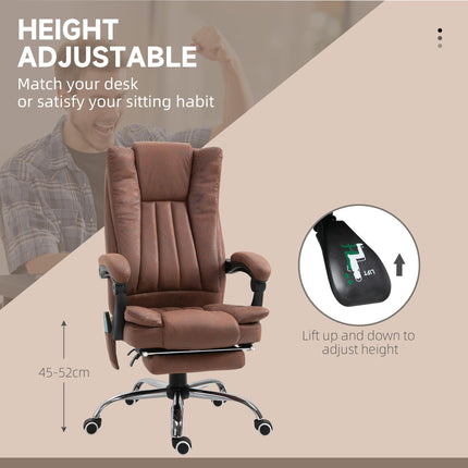 Microfibre Reclining Office Chair with Massage, Heat, Footrest & Adjustable Height - Brown