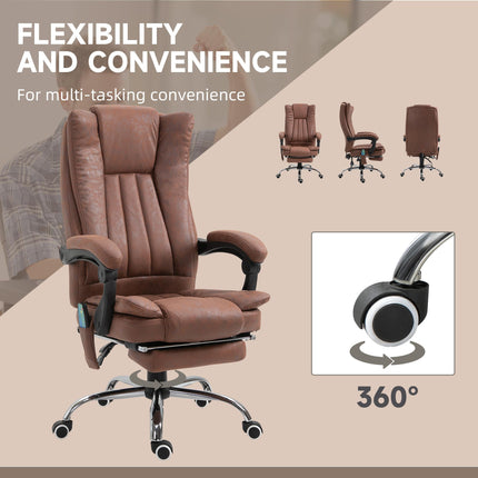 Microfibre Reclining Office Chair with Massage, Heat, Footrest & Adjustable Height - Brown