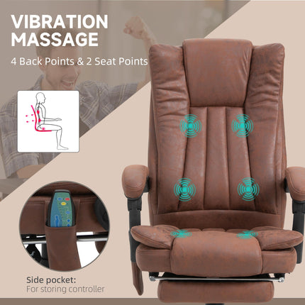 Microfibre Reclining Office Chair with Massage, Heat, Footrest & Adjustable Height - Brown