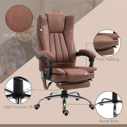 Microfibre Reclining Office Chair with Massage, Heat, Footrest & Adjustable Height - Brown