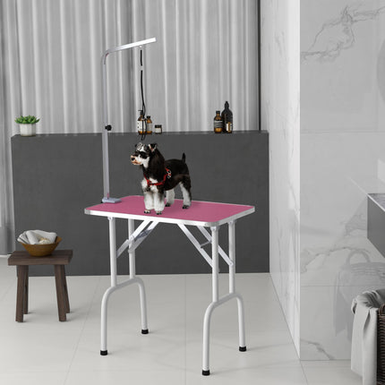 32" Foldable Adjustable Dog Grooming Table with Rubber Top and Fixed Arm - Pink