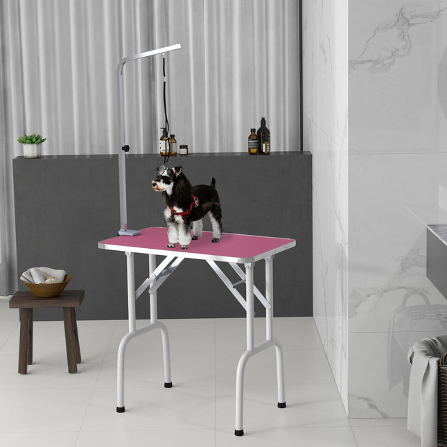 32" Foldable Adjustable Dog Grooming Table with Rubber Top and Fixed Arm - Pink