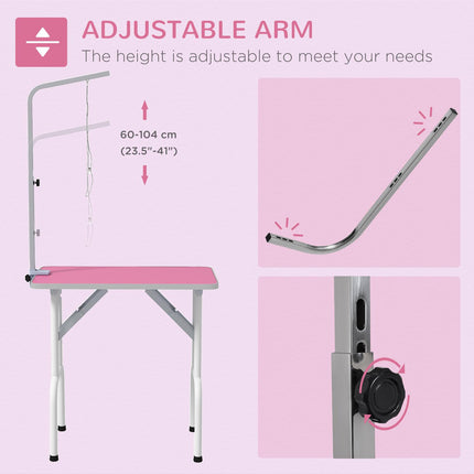32" Foldable Adjustable Dog Grooming Table with Rubber Top and Fixed Arm - Pink