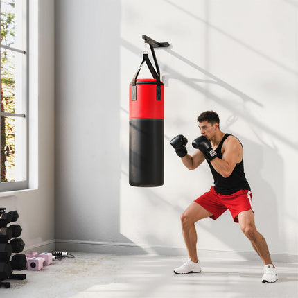 Unfilled Punching Bag Set with Gloves, Hand Wraps, Bracket & 360° Swivel Hook - Black and Red