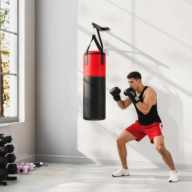 Unfilled Punching Bag Set with Gloves, Hand Wraps, Bracket & 360° Swivel Hook - Black and Red