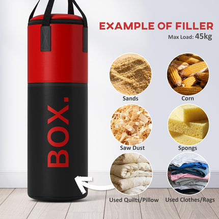 Unfilled Punching Bag Set with Gloves, Hand Wraps, Bracket & 360° Swivel Hook - Black and Red