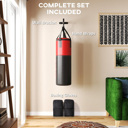 Unfilled Punching Bag Set with Gloves, Hand Wraps, Bracket & 360° Swivel Hook - Black and Red
