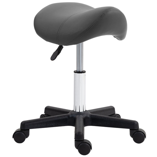 Adjustable PU Leather Saddle Stool with Steel Frame and Wheels for Salon, Spa, Tattoo - Grey