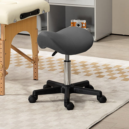 Adjustable PU Leather Saddle Stool with Steel Frame and Wheels for Salon, Spa, Tattoo - Grey