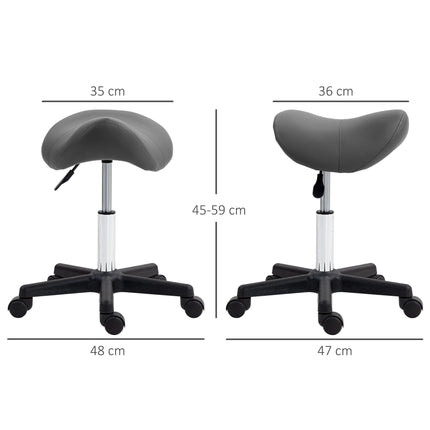 Adjustable PU Leather Saddle Stool with Steel Frame and Wheels for Salon, Spa, Tattoo - Grey