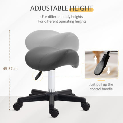 Adjustable PU Leather Saddle Stool with Steel Frame and Wheels for Salon, Spa, Tattoo - Grey