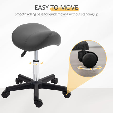 Adjustable PU Leather Saddle Stool with Steel Frame and Wheels for Salon, Spa, Tattoo - Grey