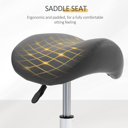 Adjustable PU Leather Saddle Stool with Steel Frame and Wheels for Salon, Spa, Tattoo - Grey
