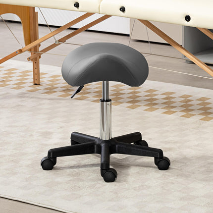 Adjustable PU Leather Saddle Stool with Steel Frame and Wheels for Salon, Spa, Tattoo - Grey