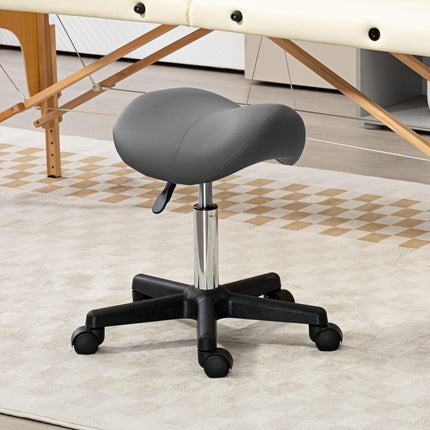 Adjustable PU Leather Saddle Stool with Steel Frame and Wheels for Salon, Spa, Tattoo - Grey