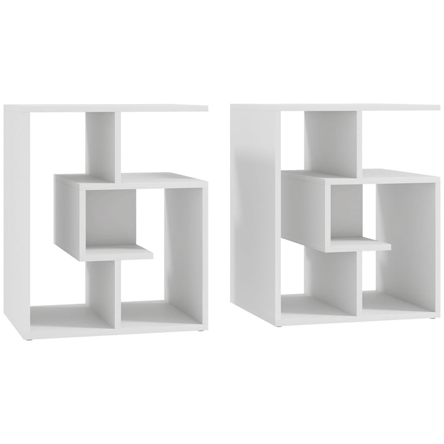3 Tier Side Table Set of 2 with Open Storage Shelves - White