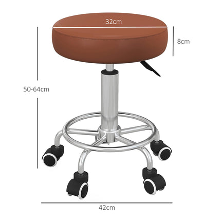 PU Leather Height Adjustable Rolling Stool with Wheels for Salon Massage Spa - Brown