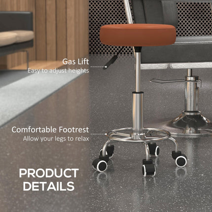 PU Leather Height Adjustable Rolling Stool with Wheels for Salon Massage Spa - Brown