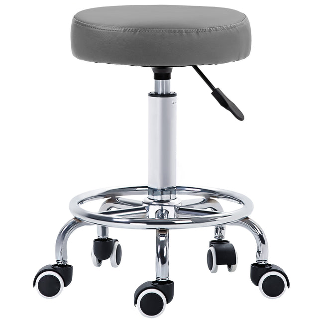 Height Adjustable PU Leather Rolling Stool with Wheels for Salon Massage Spa - Grey