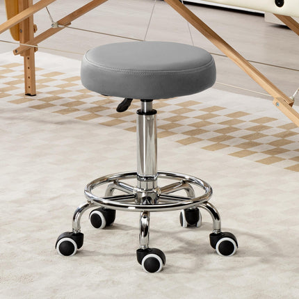 Height Adjustable PU Leather Rolling Stool with Wheels for Salon Massage Spa - Grey