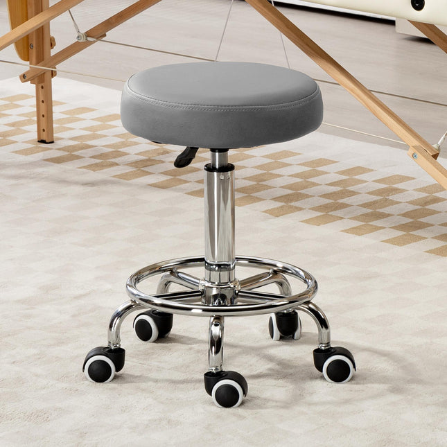 Height Adjustable PU Leather Rolling Stool with Wheels for Salon Massage Spa - Grey
