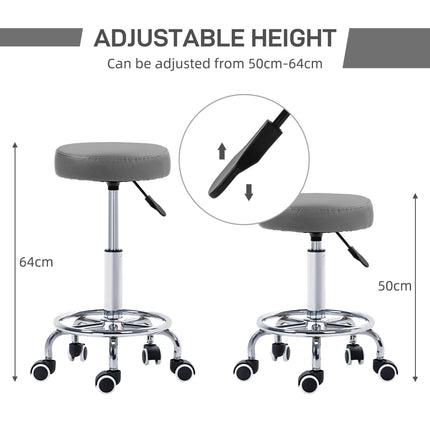Height Adjustable PU Leather Rolling Stool with Wheels for Salon Massage Spa - Grey