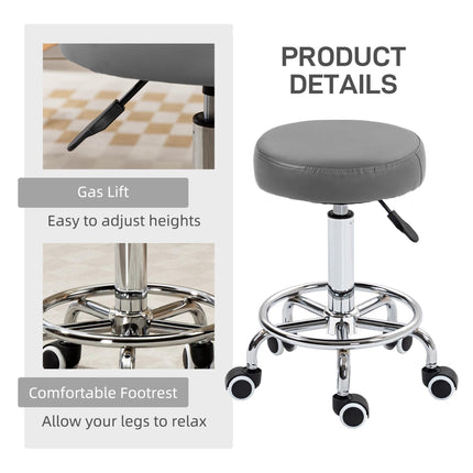 Height Adjustable PU Leather Rolling Stool with Wheels for Salon Massage Spa - Grey