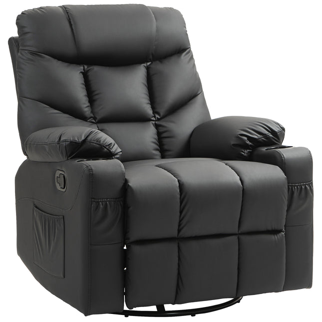 Manual Reclining Swivel Armchair with Footrest, Cup Holders, 86x93x102cm - Black