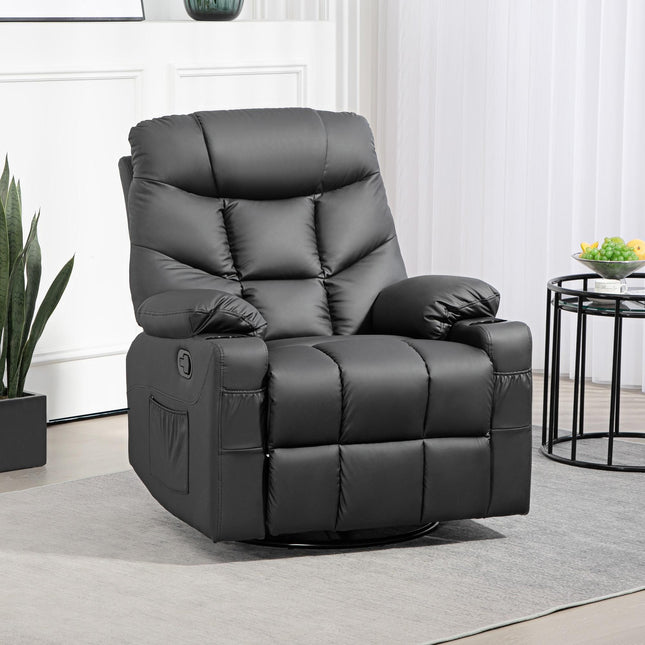 Manual Reclining Swivel Armchair with Footrest, Cup Holders, 86x93x102cm - Black