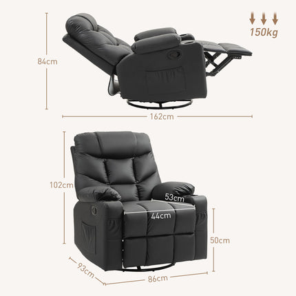 Manual Reclining Swivel Armchair with Footrest, Cup Holders, 86x93x102cm - Black