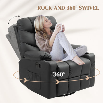 Manual Reclining Swivel Armchair with Footrest, Cup Holders, 86x93x102cm - Black