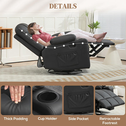Manual Reclining Swivel Armchair with Footrest, Cup Holders, 86x93x102cm - Black
