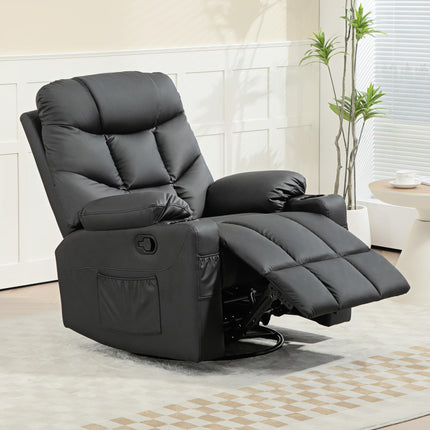 Manual Reclining Swivel Armchair with Footrest, Cup Holders, 86x93x102cm - Black