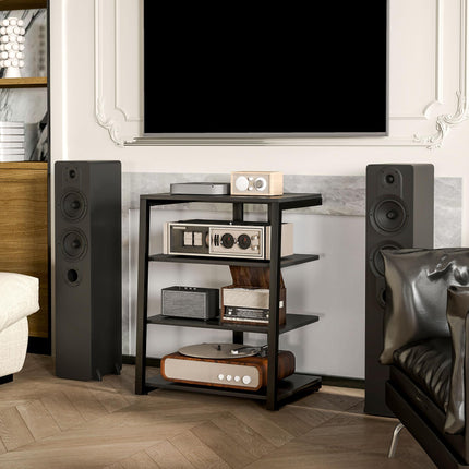 HiFi Stand with Four Adjustable Storage Shelves and Power Strip Rack - Black