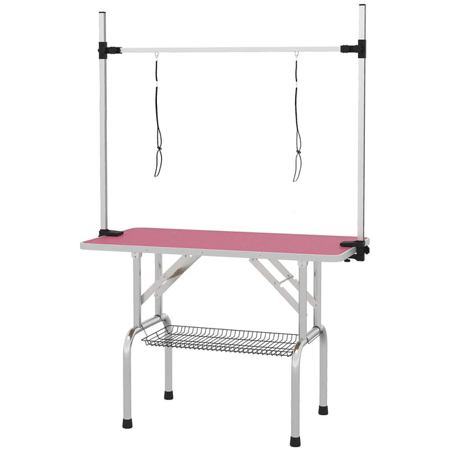42" Adjustable Dog Grooming Table with Storage Basket and Safety Loops - Pink