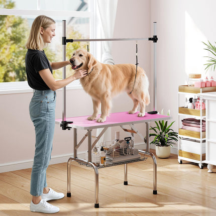 42" Adjustable Dog Grooming Table with Storage Basket and Safety Loops - Pink