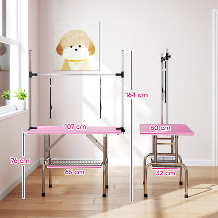 42" Adjustable Dog Grooming Table with Storage Basket and Safety Loops - Pink