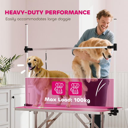 42" Adjustable Dog Grooming Table with Storage Basket and Safety Loops - Pink