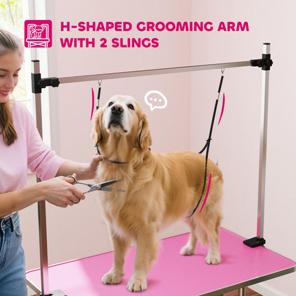 42" Adjustable Dog Grooming Table with Storage Basket and Safety Loops - Pink