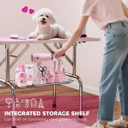 42" Adjustable Dog Grooming Table with Storage Basket and Safety Loops - Pink