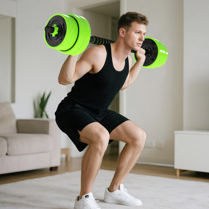 30kg Four-In-One Adjustable Dumbbell, Barbell, Kettlebell & Push-Up Stand Set - Green