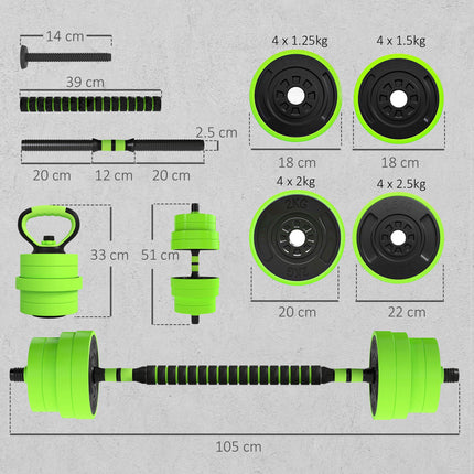 30kg Four-In-One Adjustable Dumbbell, Barbell, Kettlebell & Push-Up Stand Set - Green
