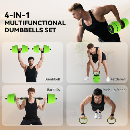 30kg Four-In-One Adjustable Dumbbell, Barbell, Kettlebell & Push-Up Stand Set - Green