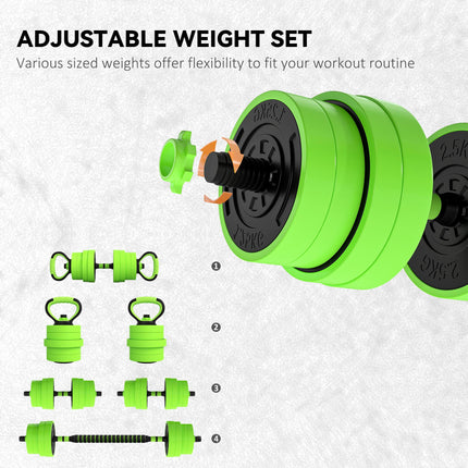 30kg Four-In-One Adjustable Dumbbell, Barbell, Kettlebell & Push-Up Stand Set - Green