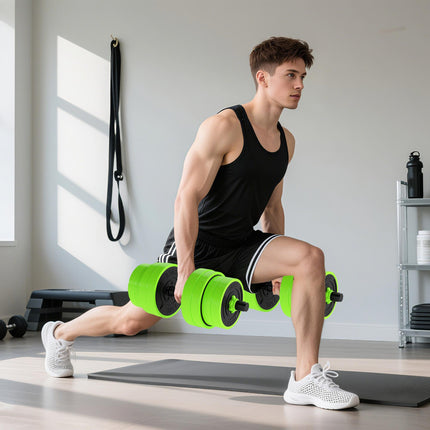 30kg Four-In-One Adjustable Dumbbell, Barbell, Kettlebell & Push-Up Stand Set - Green
