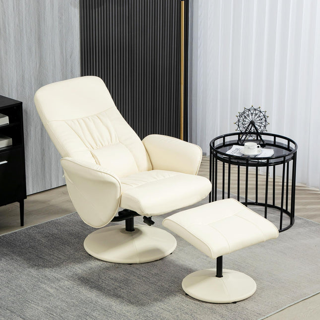 Swivel Recliner Chair and Ottoman Set with High Back and Round Base - Cream White