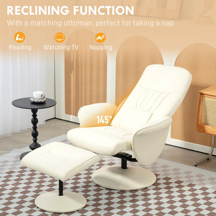 Swivel Recliner Chair and Ottoman Set with High Back and Round Base - Cream White