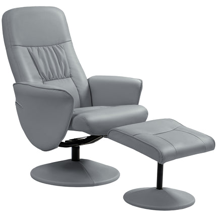 Swivel Recliner Armchair with Ottoman and Footstool, High Back PU Leather Reclining Chair - Light Grey