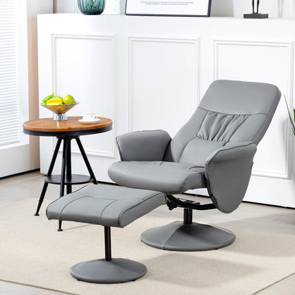 Swivel Recliner Armchair with Ottoman and Footstool, High Back PU Leather Reclining Chair - Light Grey